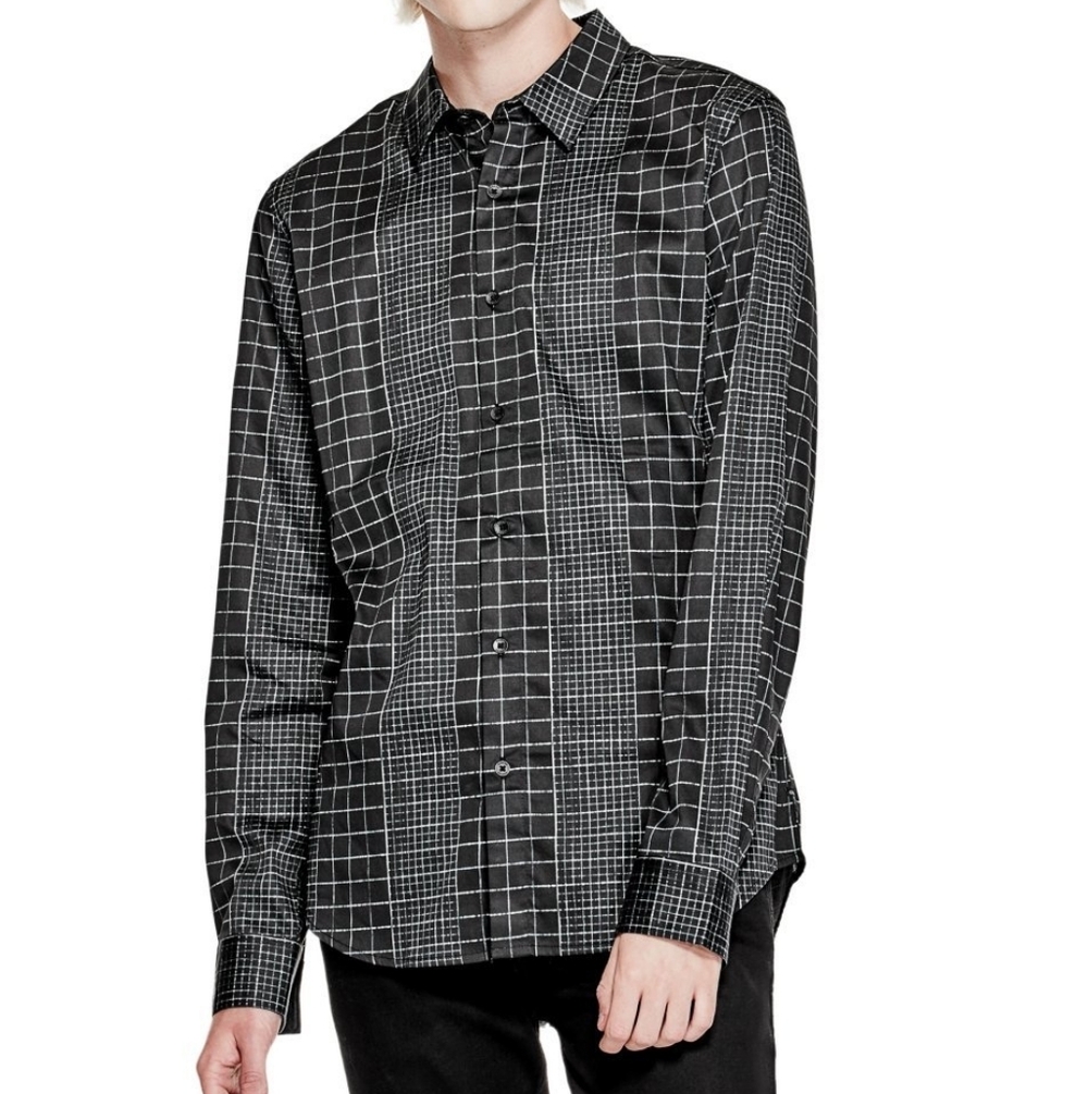 GUESS Slim Fit Black Green Grid Print Long Sleeve Button Down Shirt Top Mens XS